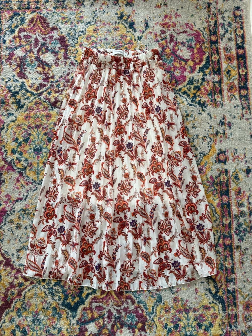 Boho Floral Paisley Pleated Midi Skirt Elastic Waist Cottagecore